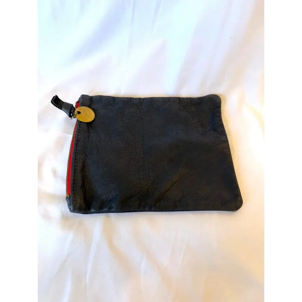 Clare V Vivier Vintage Mini Navy Leather Red Zip Pouch, Coin Purse Clutch